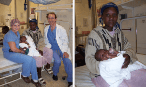 Two photos of a man and woman in hospital.