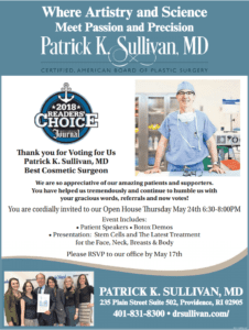 A poster advertising the patrick k. Sullivan, md plastic surgery center