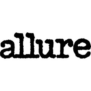 A black and white image of the word allure.